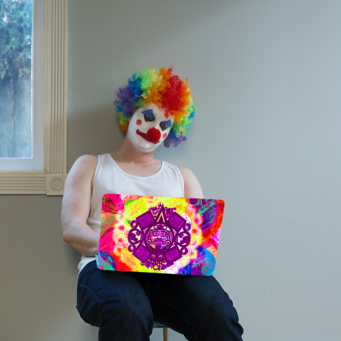 Clown with laptop cover:  Psychodelic Aztec Sun God and Skulls